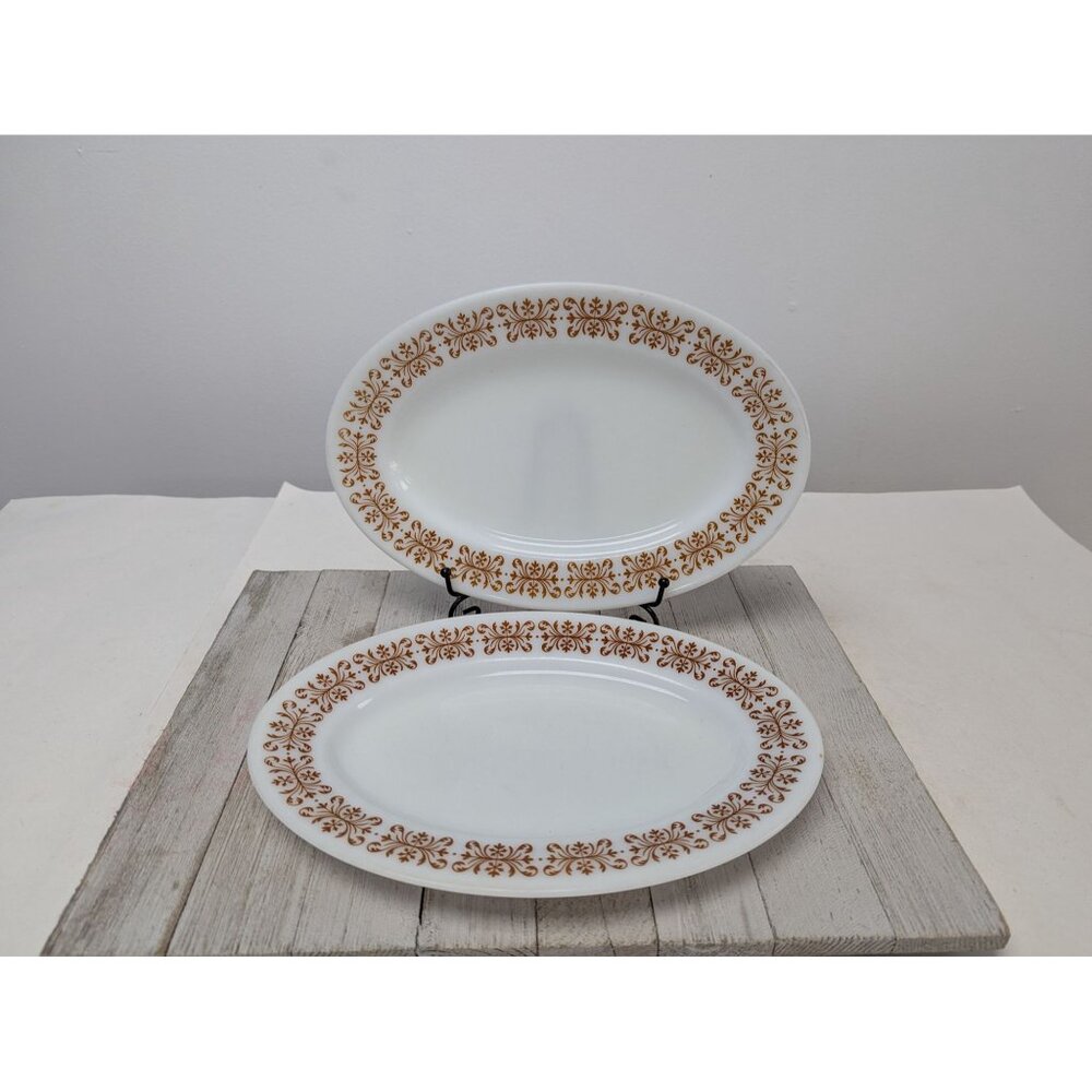 Pyrex Tableware by Corning Set 2 Filigree 793 Oval Dinner Plates 1950s USA